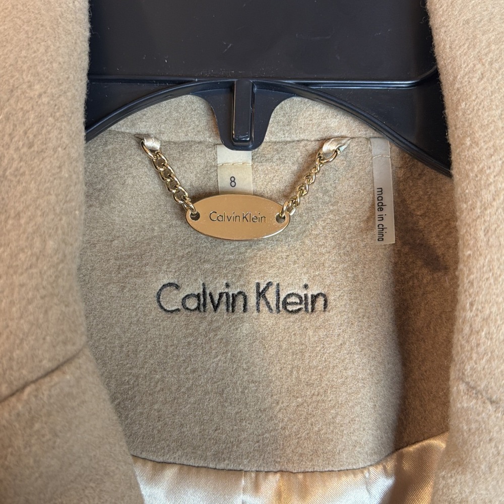 Calvin Klein Women's Camel Mid-Length Wool Blend Lined Overcoat Pockets Sz 8 - Picture 10 of 14